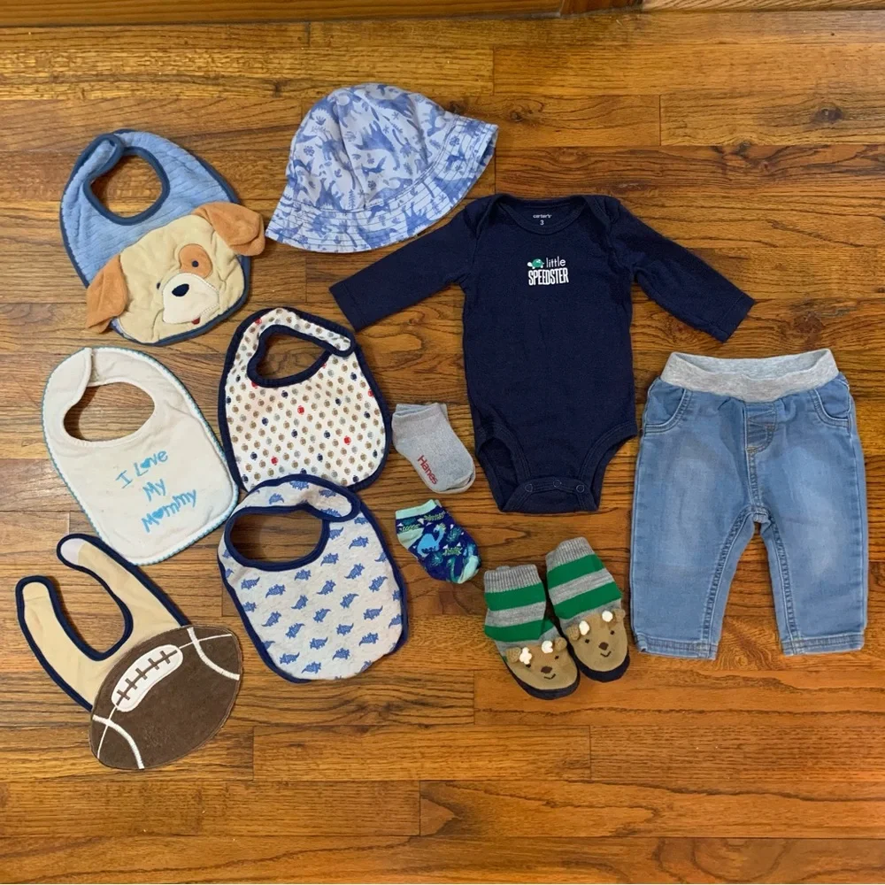 Baby Boy LS Shirt Pants Bibs Hat Socks & Shoes Bundle LS Onesie Blue Jean Pants